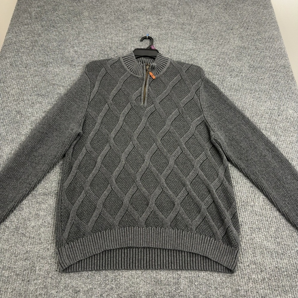 Tommy Bahama Sweater Mens XL Grey Cotton‎ Cable Knit Quarter Zip Casual Style